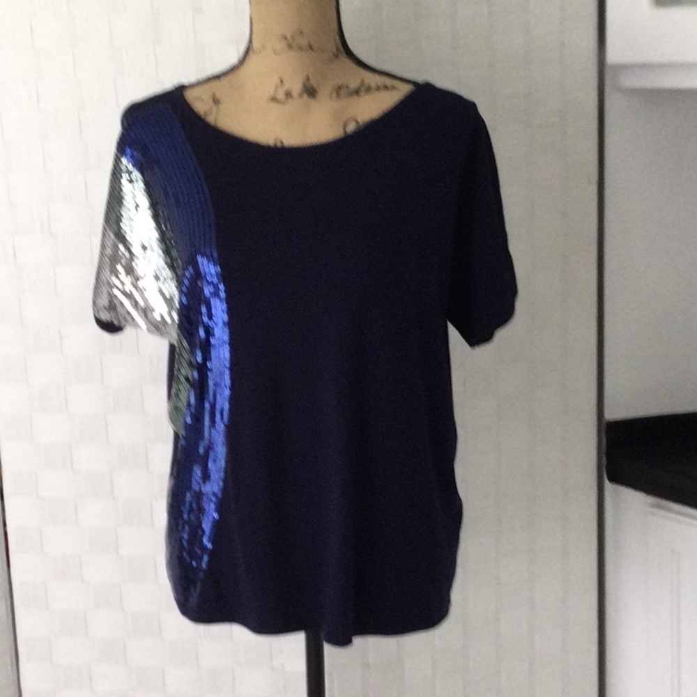 Woman’s Apostrophe Sequin Dress Shirt sizeMP color navy gray & white sequins#453